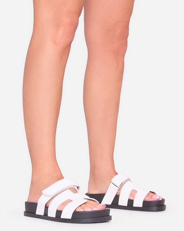 Martini Cut Out Velcro Strap Flat Slider Sandal In White Faux Leather