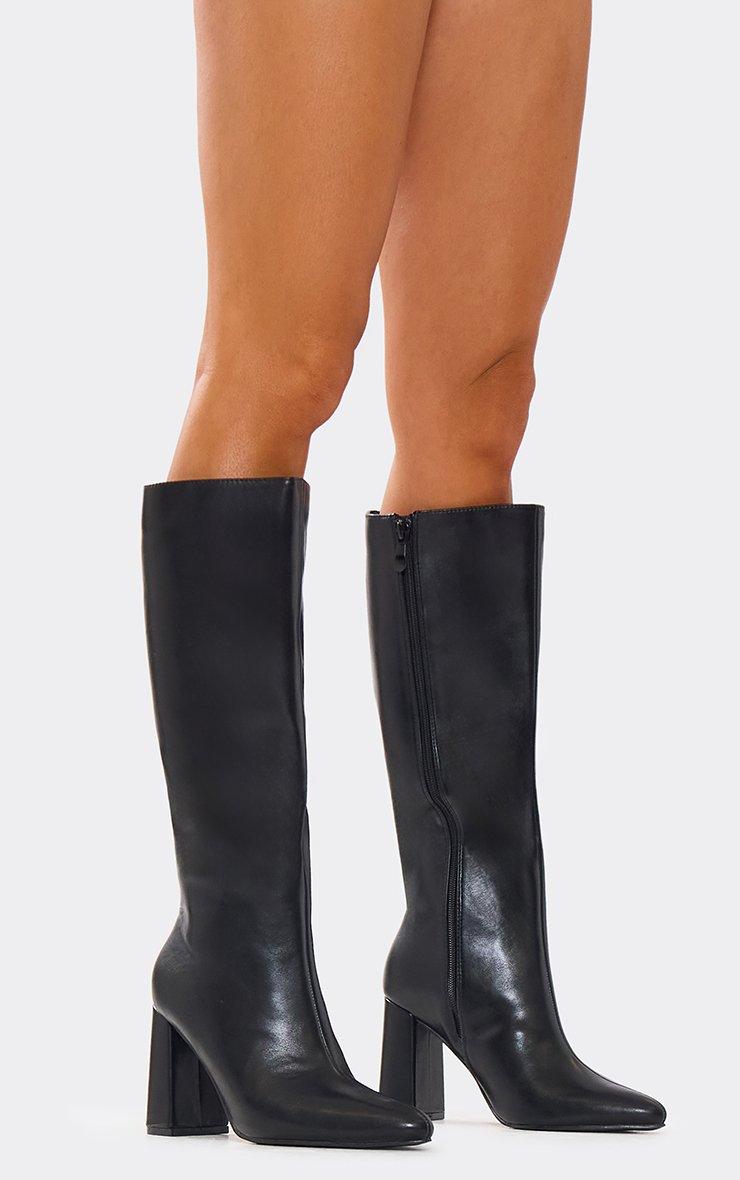 Aimee Pointed Toe Block Heel Knee High Long Boot In Black