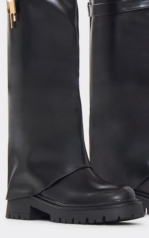 Poster Side Zip Split Belted Chunky Mid Calf Biker Boot In Grey