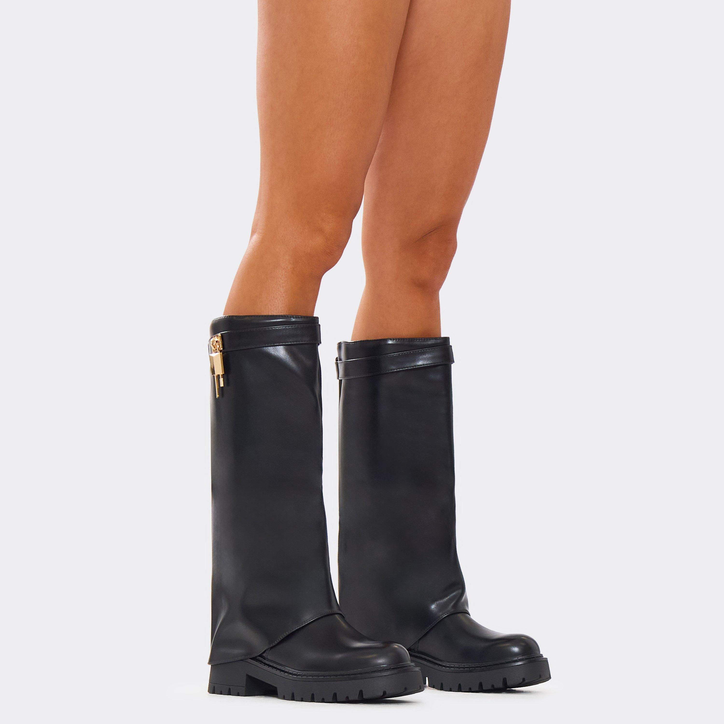 Doll Lock Layered Detail Chunky Sole Knee High Biker Boot In Black Faux Leather, Women’s