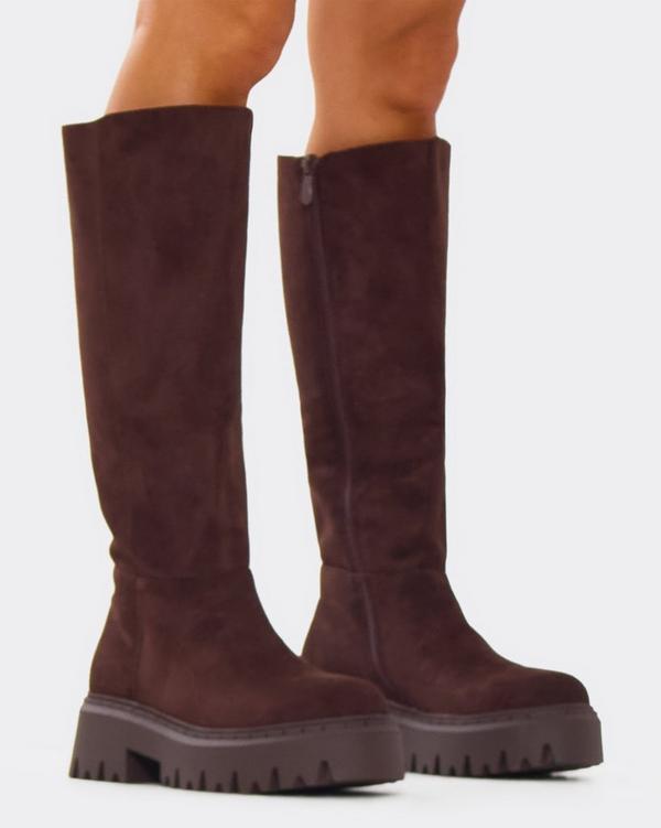 Bunny Chunky Sole Knee High Long Biker Boot In Brown Faux Suede EGO