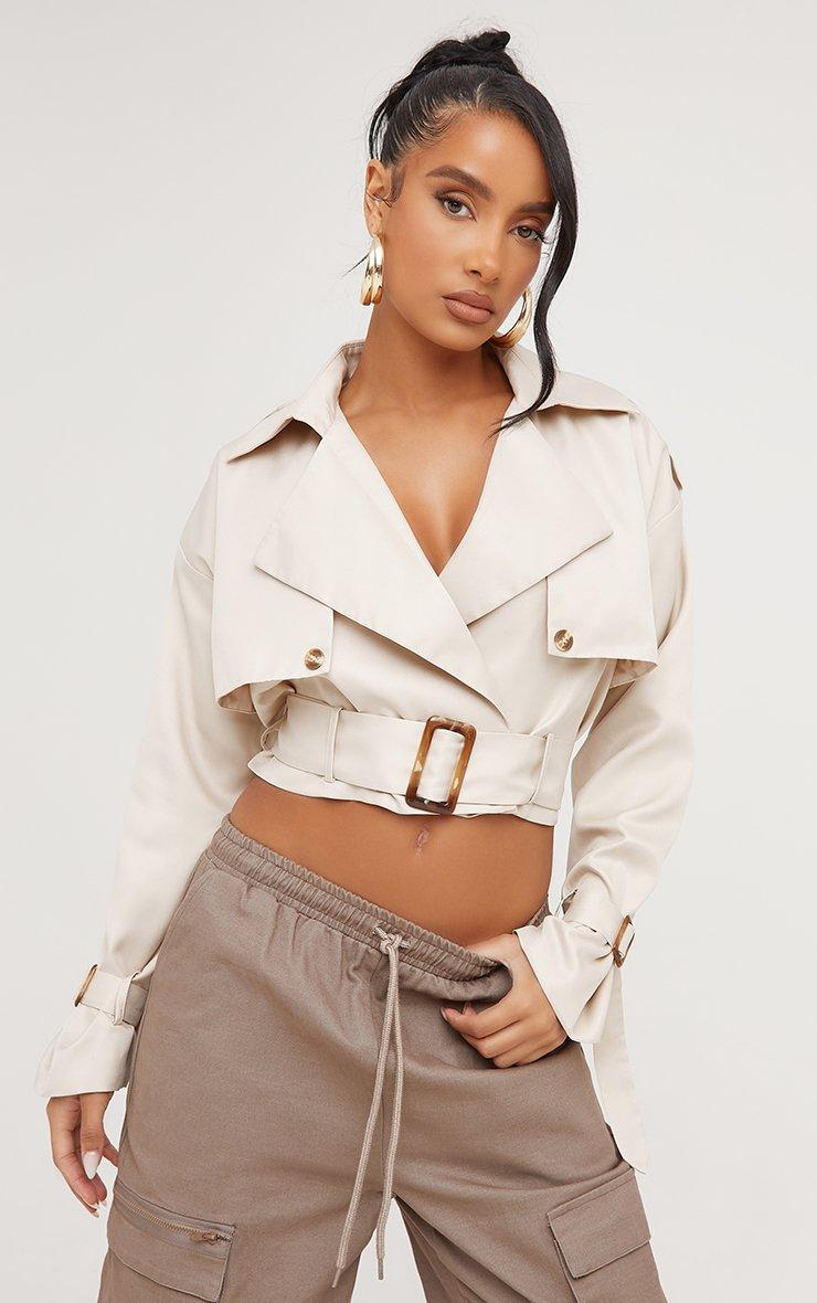 Double Layer Belted Detail Cropped Trench Coat In Stone