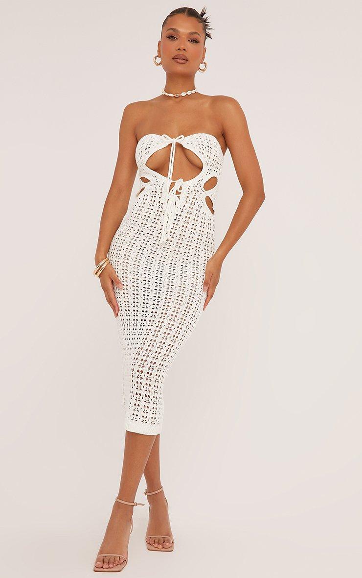 Bandeau Tie Front Keyhole Cut Out Maxi Dress In White Crochet Knit