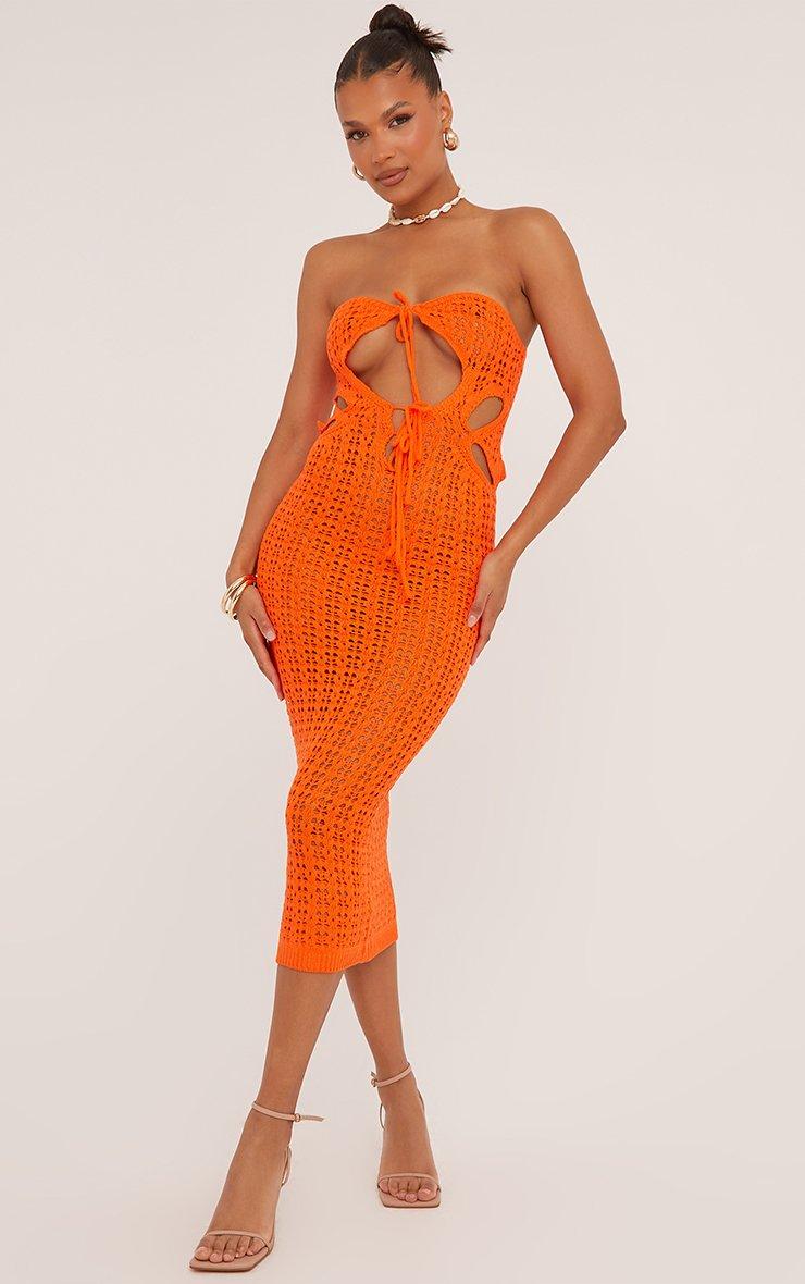 open lace back dress Orange Crochet Maxi Dress with Back Tie Detail – Highly Praise main image 1