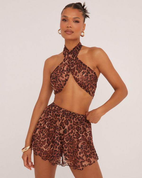 Halterneck Crop Top And High Waist Flippy Hem Mini Skirt Co Ord Set In Brown Leopard Print EGO