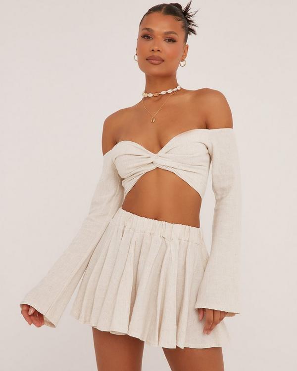 Flared Sleeve Bardot Knot Front Crop Top In Stone Linen