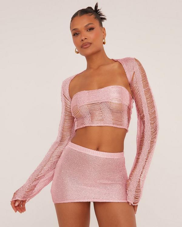 Bandeau Distressed Detail Crop Top And Bolero In Baby Pink Metallic Crochet Knit EGO