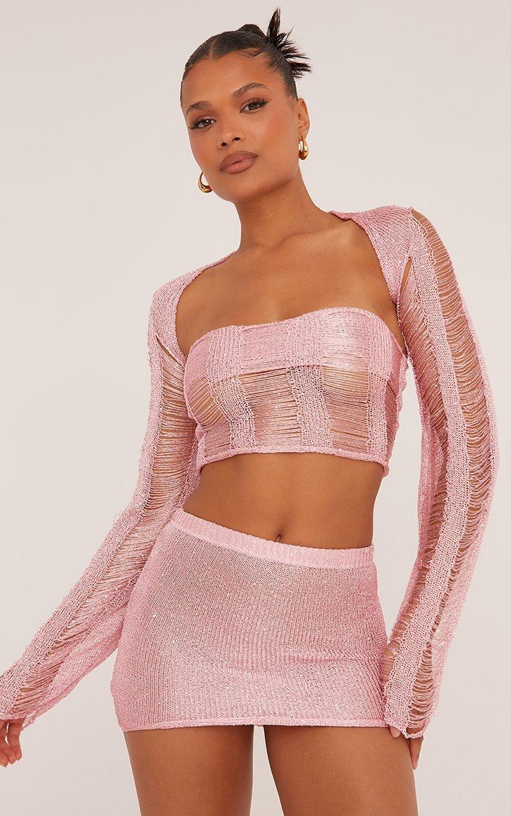Bandeau Distressed Detail Crop Top And Bolero In Baby Pink