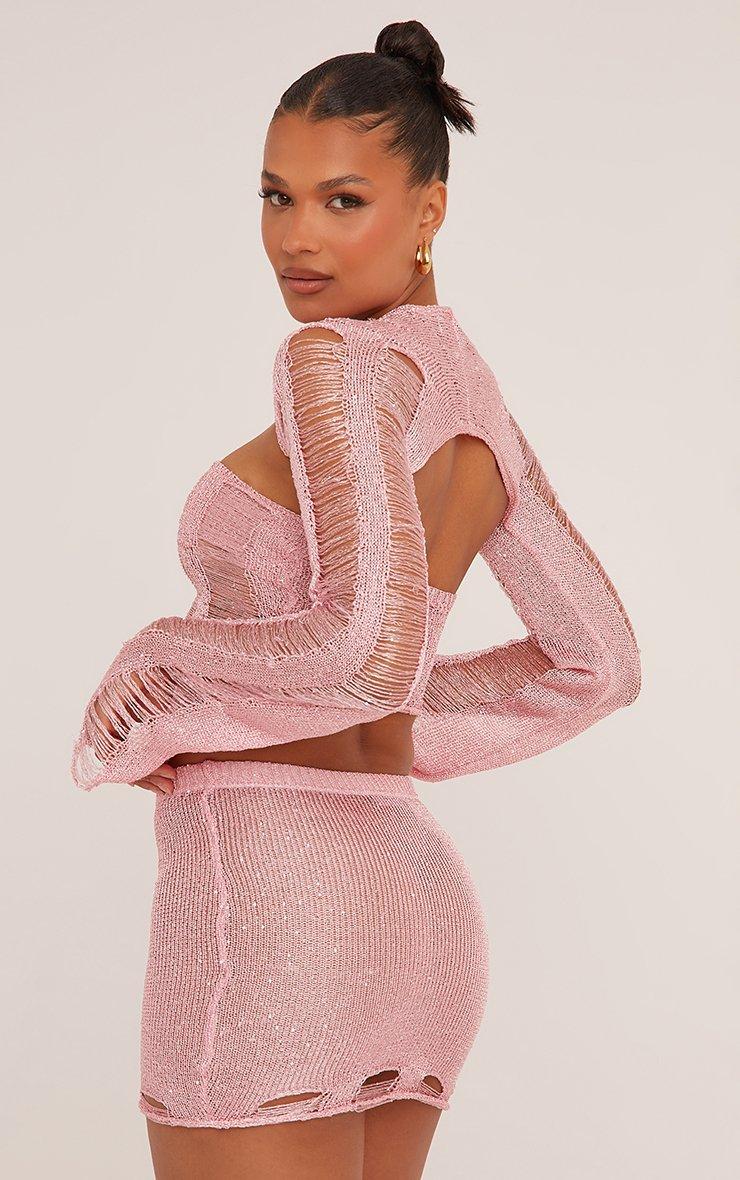 Bandeau Distressed Detail Crop Top And Bolero In Baby Pink