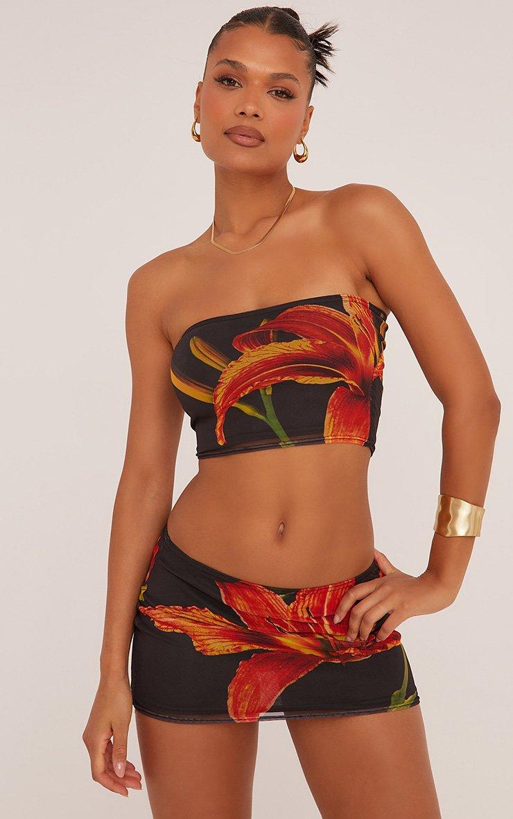 Bandeau Red Flower Print Crop Top In Black Mesh | EGO EU | EGO