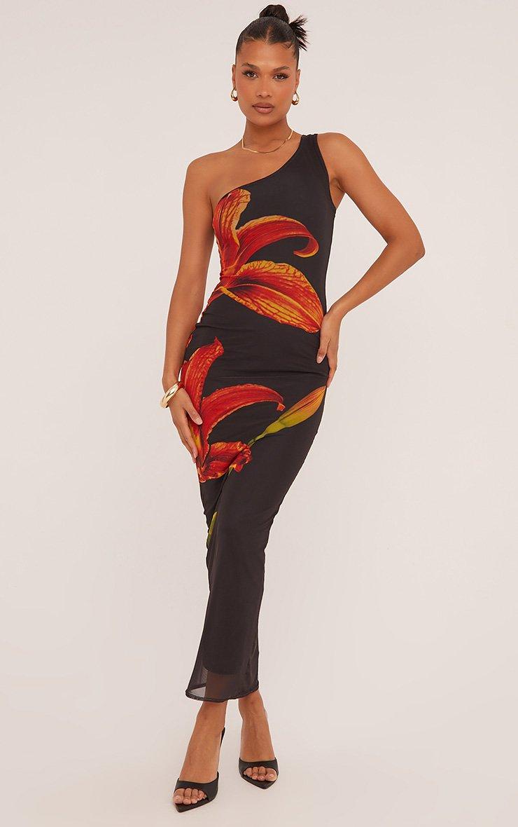 One Shoulder Red Flower Print Maxi Dress In Black Mesh | EGO