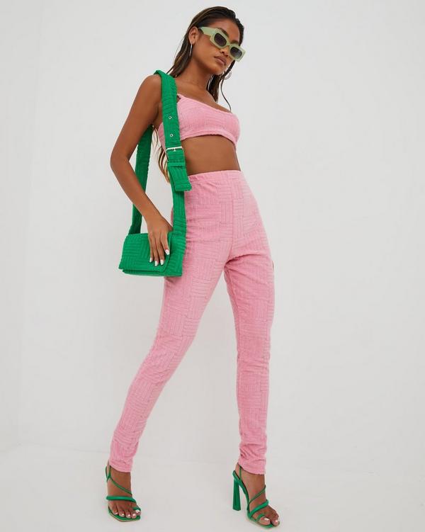 High Waist Leggings In Pink Terry Towel Fabric