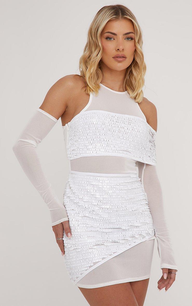 Cold Shoulder Sequin Insert Drape Detail Mini Bodycon Dress In White Mesh |  EGO EU | EGO