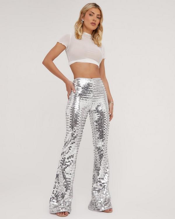 High Waist Flared Trousers In Silver Sequin