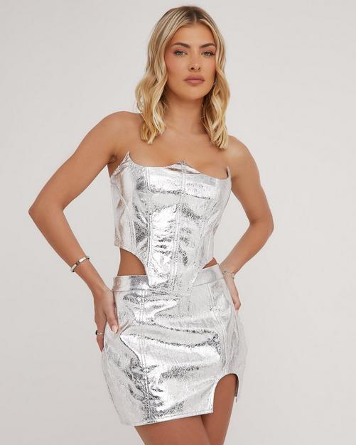 Plunge Neck Bralet In Silver Sequin