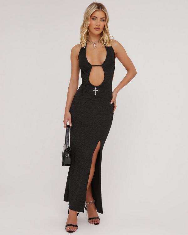 Extreme Plunge Cross Detail Split Leg Low Back Maxi Dress In Black