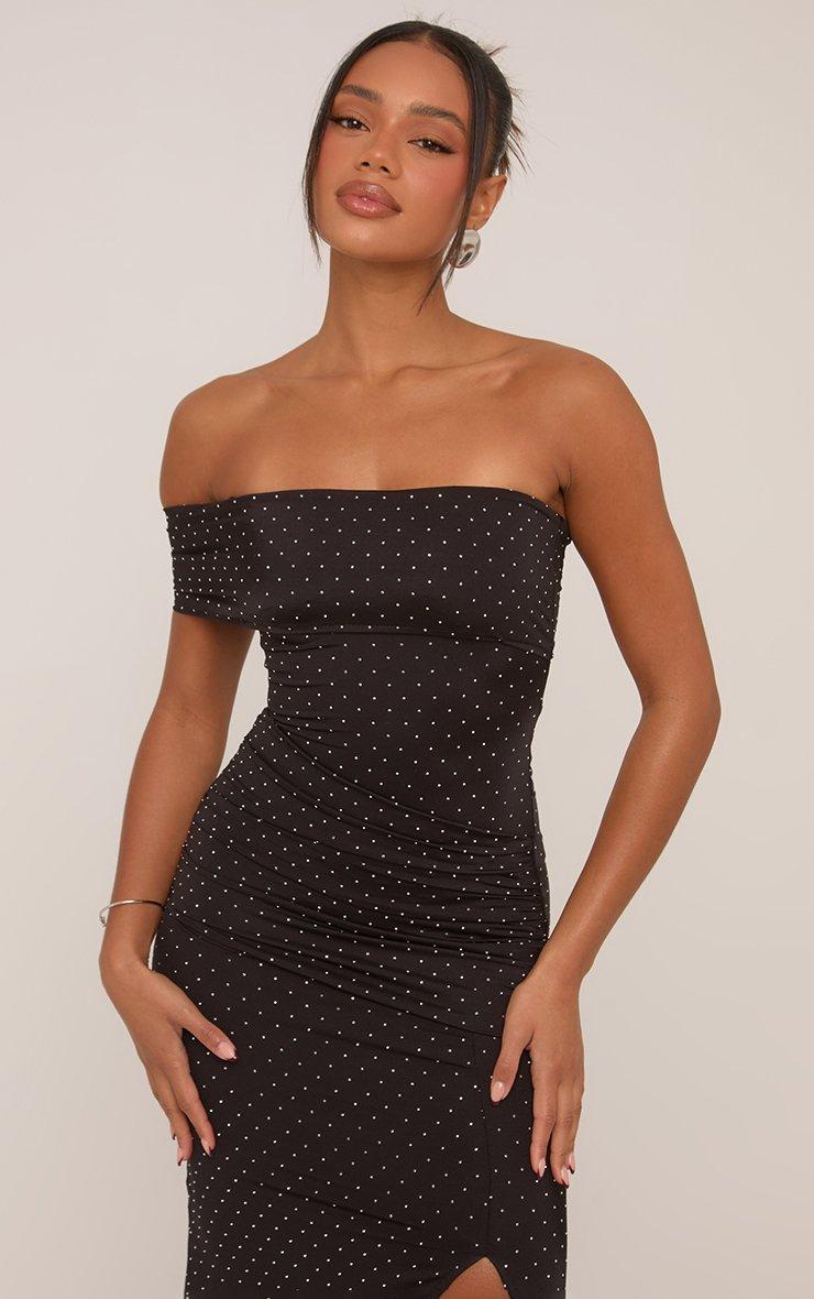 Bandeau One Shoulder Hotfix Split Leg Maxi Dress In Black | EGO US