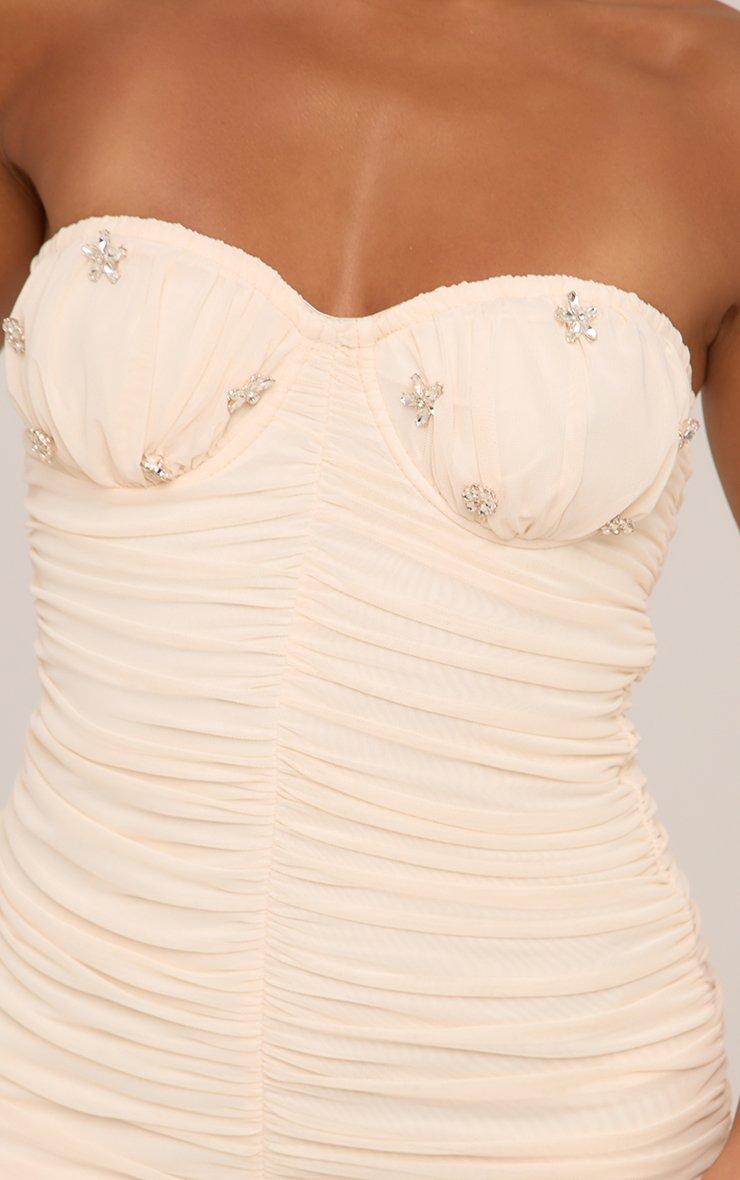 Bandeau Underwired Flower Gem Detail Ruched Mini Bodycon Dress In Cream Mesh  | EGO US | EGO