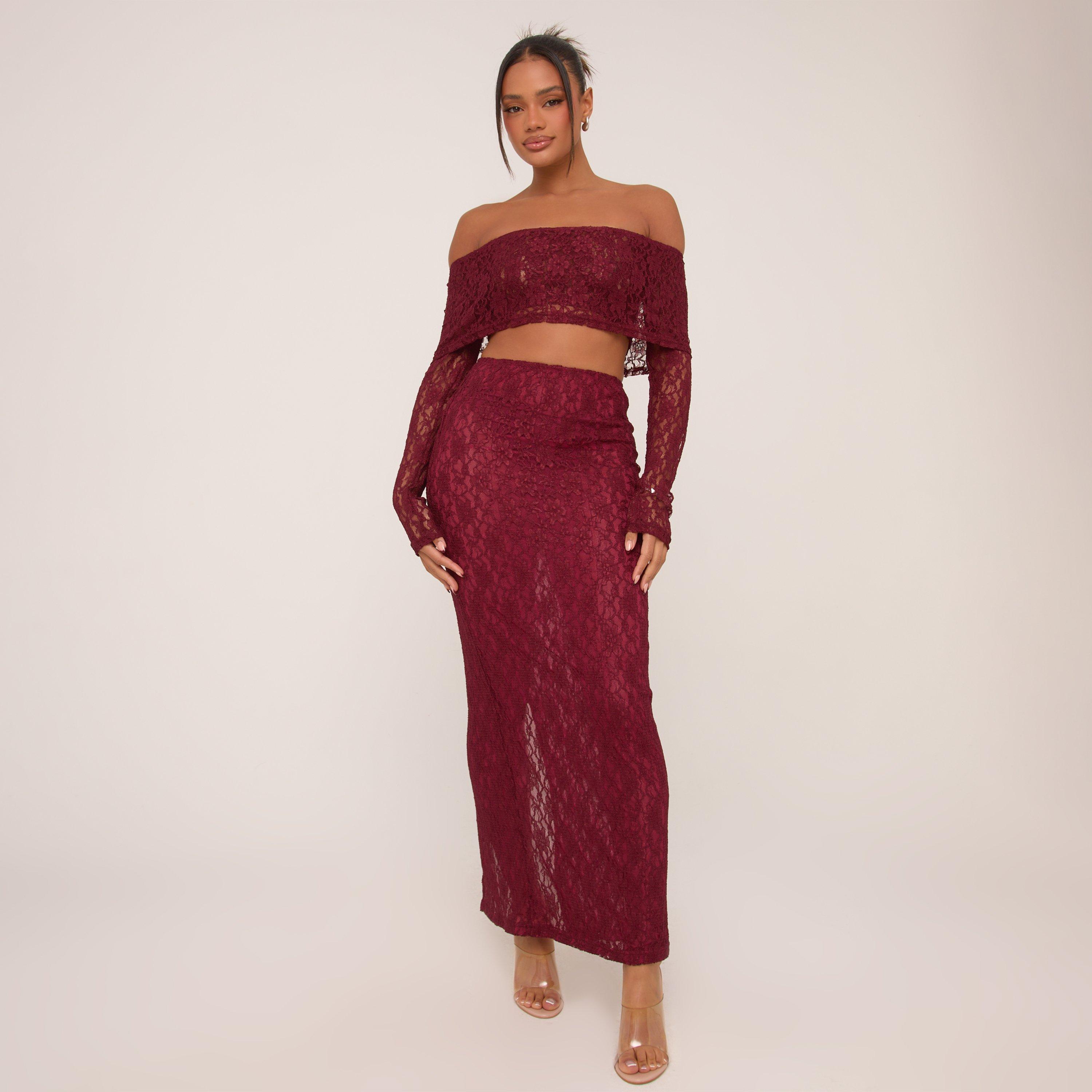 Low Rise Maxi Skirt In Burgundy Sheer Lace, Women's Size UK 8