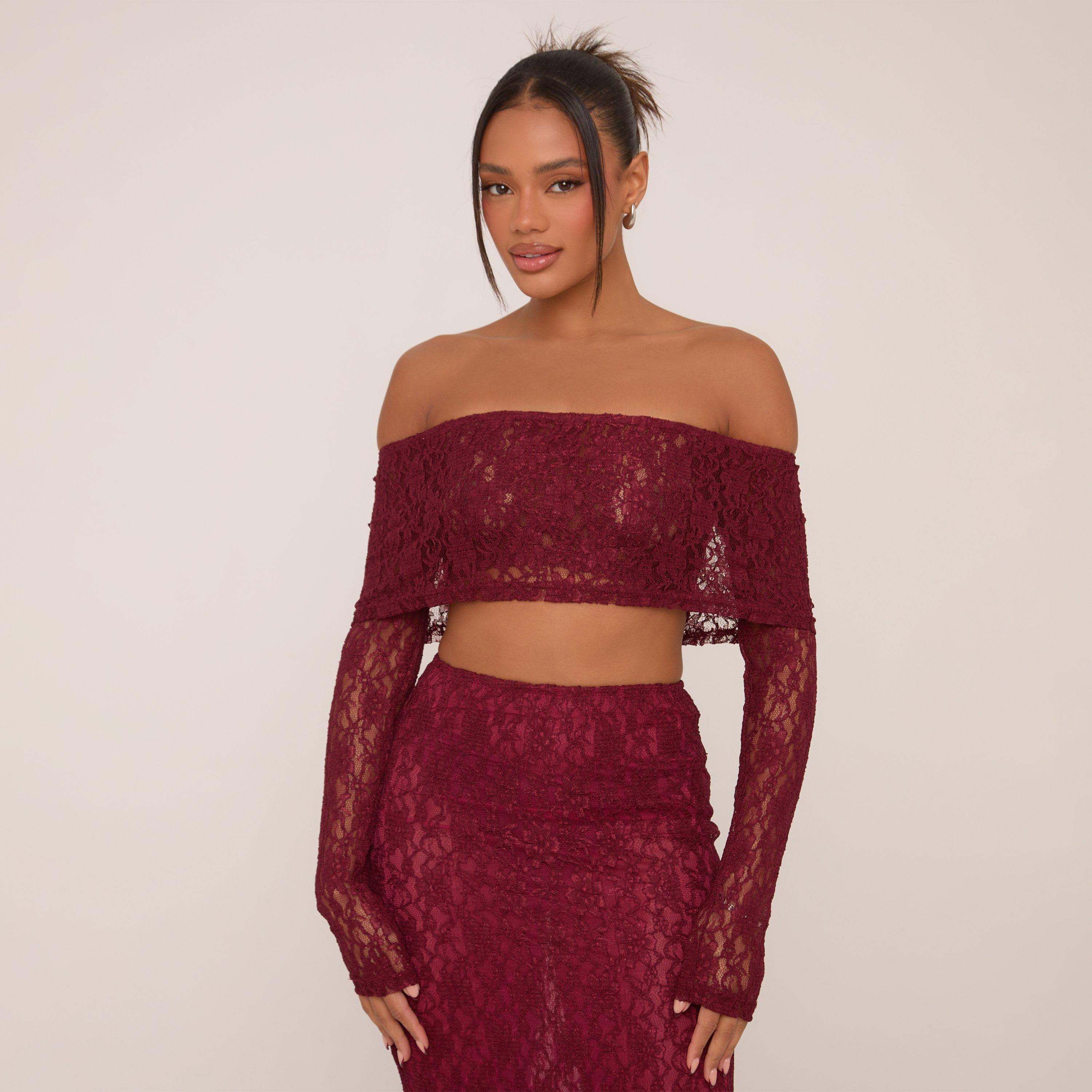 Image of Fold Over Bardot Long Sleeve Crop Top In Burgundy Lace, Women's