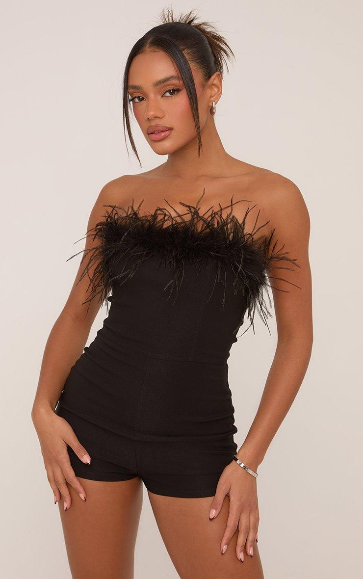 Bandeau Faux Feather Trim Detail Playsuit In Black | EGO US | EGO