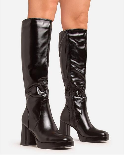 I Am The One Padlock Detail Wedge Heel Knee High Long Boot In Black Faux Leather