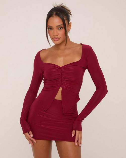 Long Sleeve Ruched Detail Split Front Crop Top In Burgundy Slinky