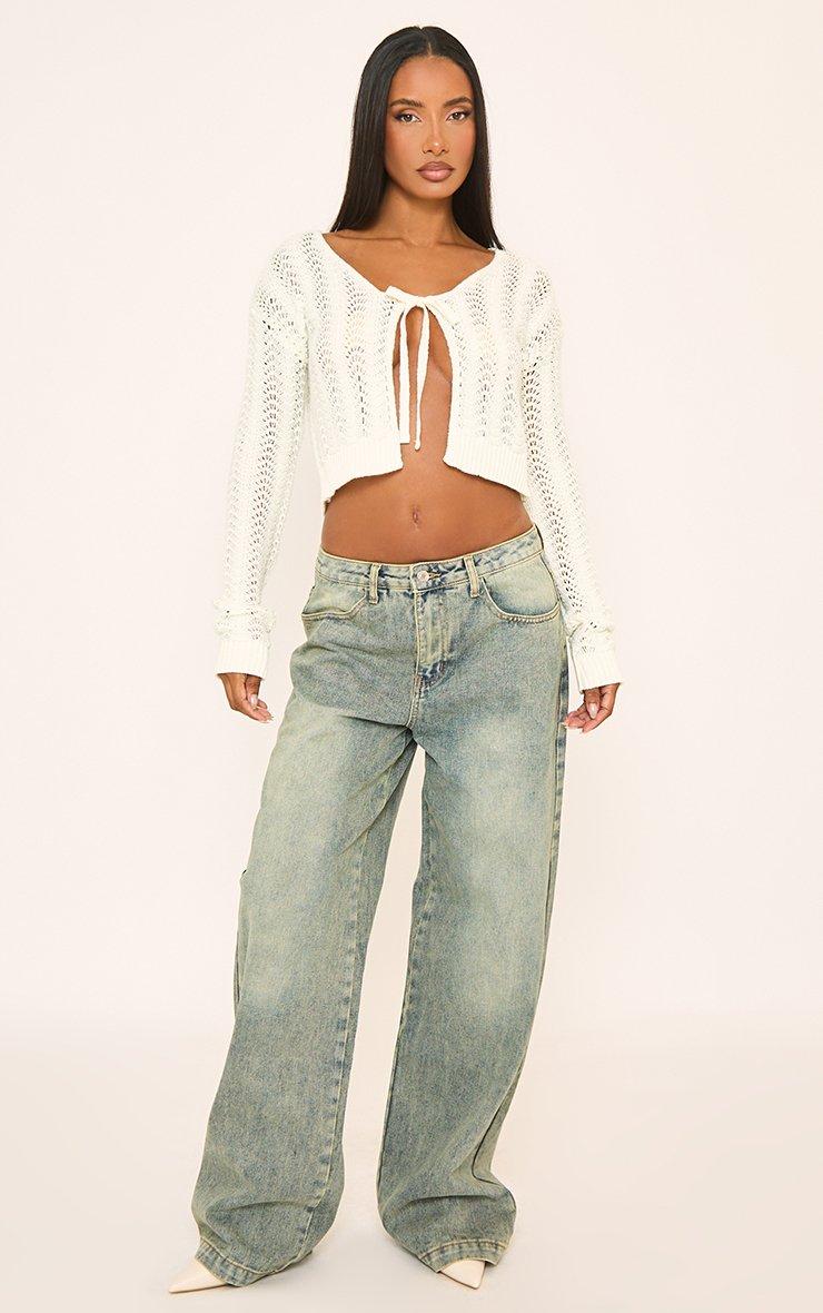 Long Sleeve Tie Front Top In Cream Crochet Knit | EGO UK | EGO