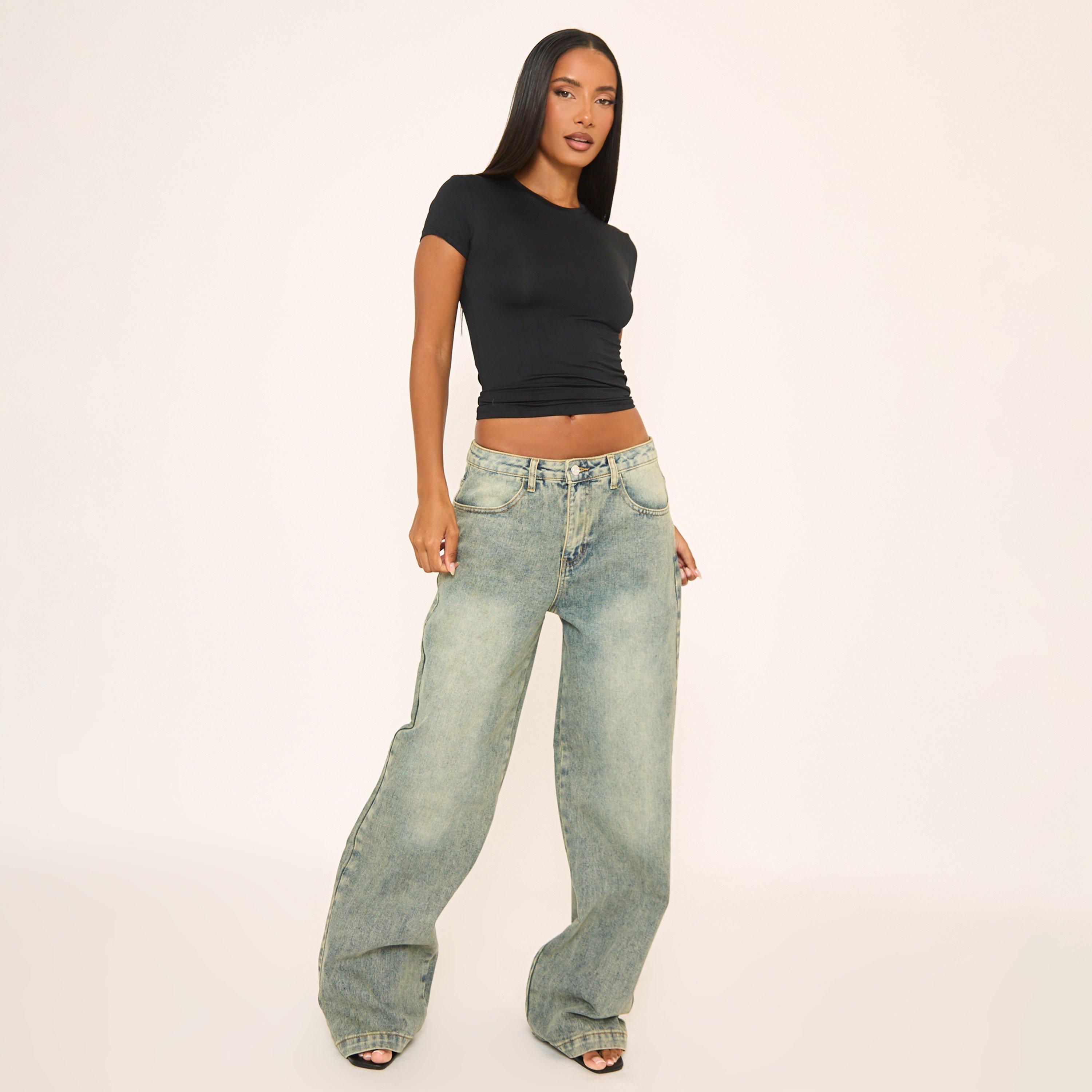 Low Rise Boyfriend Jeans In Washed Blue Denim, Women's Size UK 16
