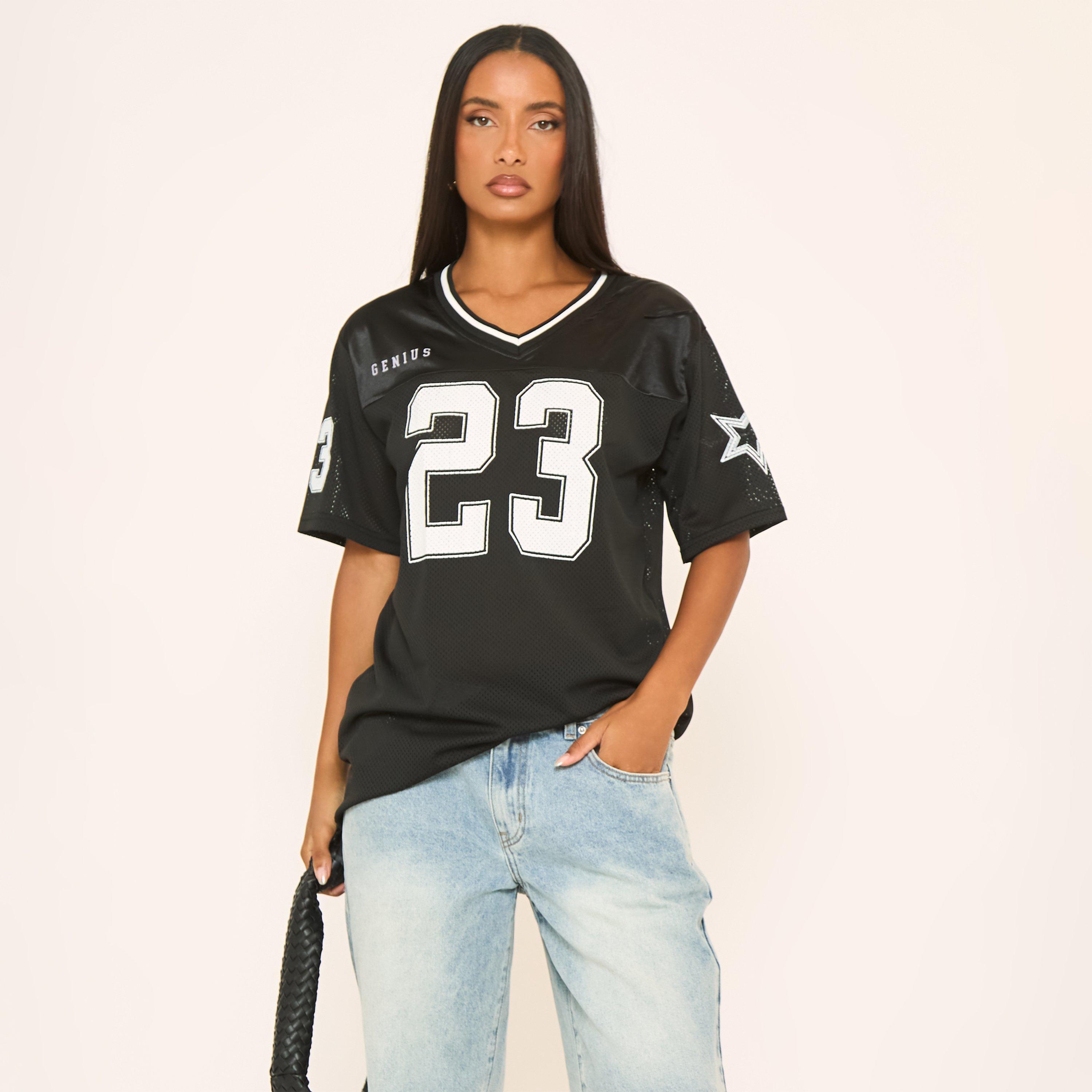 Image of Short Sleeve Contrast Printed Varsity Top In Black, Women's Size UK S