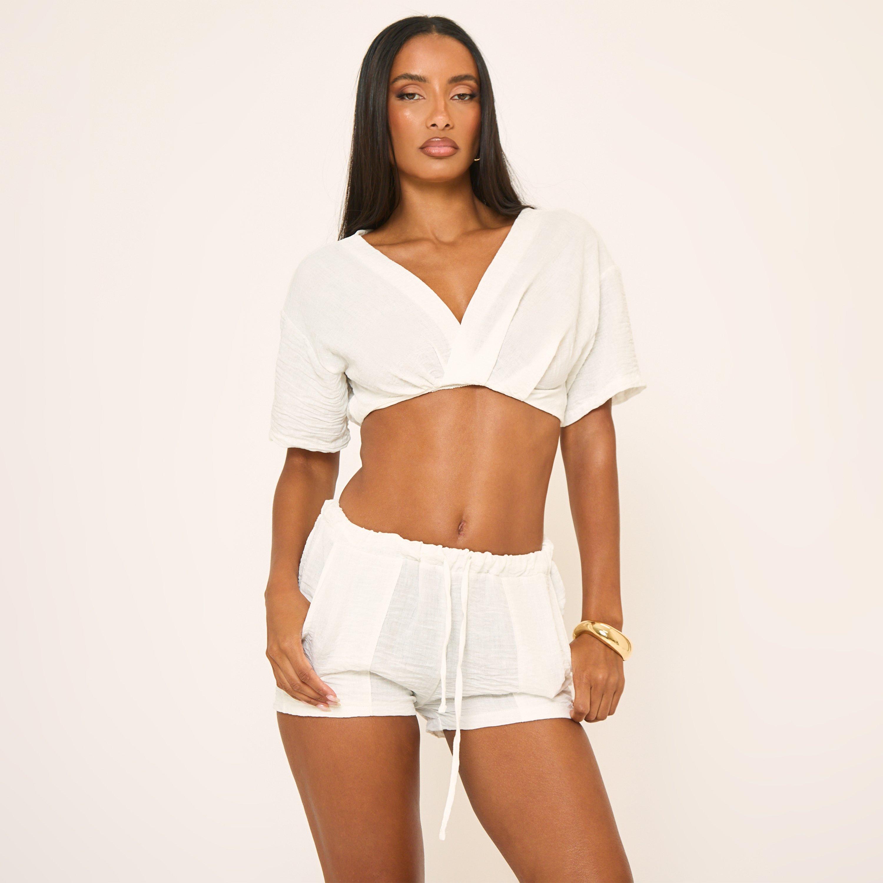 Drawstring Waist Shorts In White Linen, Women's Size UK 4