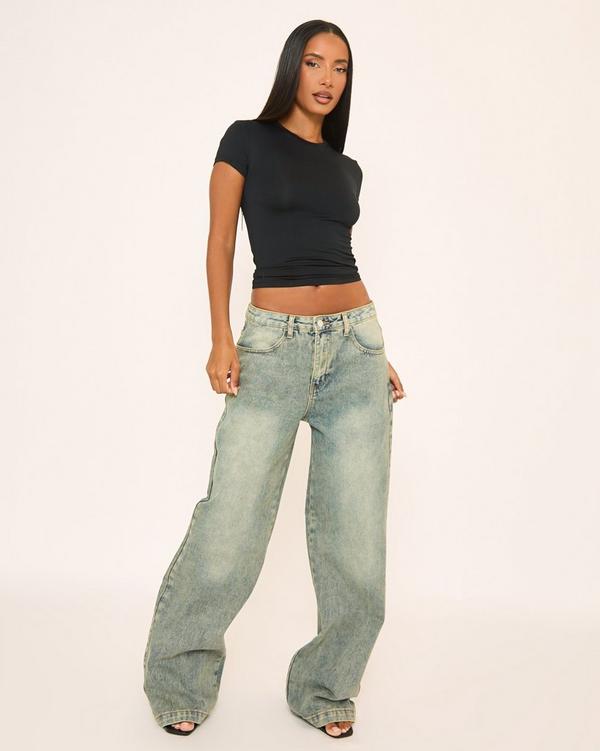 Low Rise Boyfriend Jeans In Washed Blue Denim