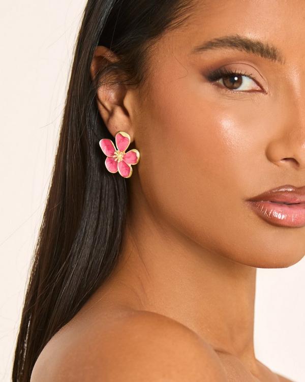 Flower Detail Stud Earring In Pink And Gold