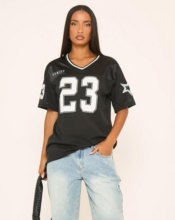Short Sleeve Contrast Printed Varsity Top In Black