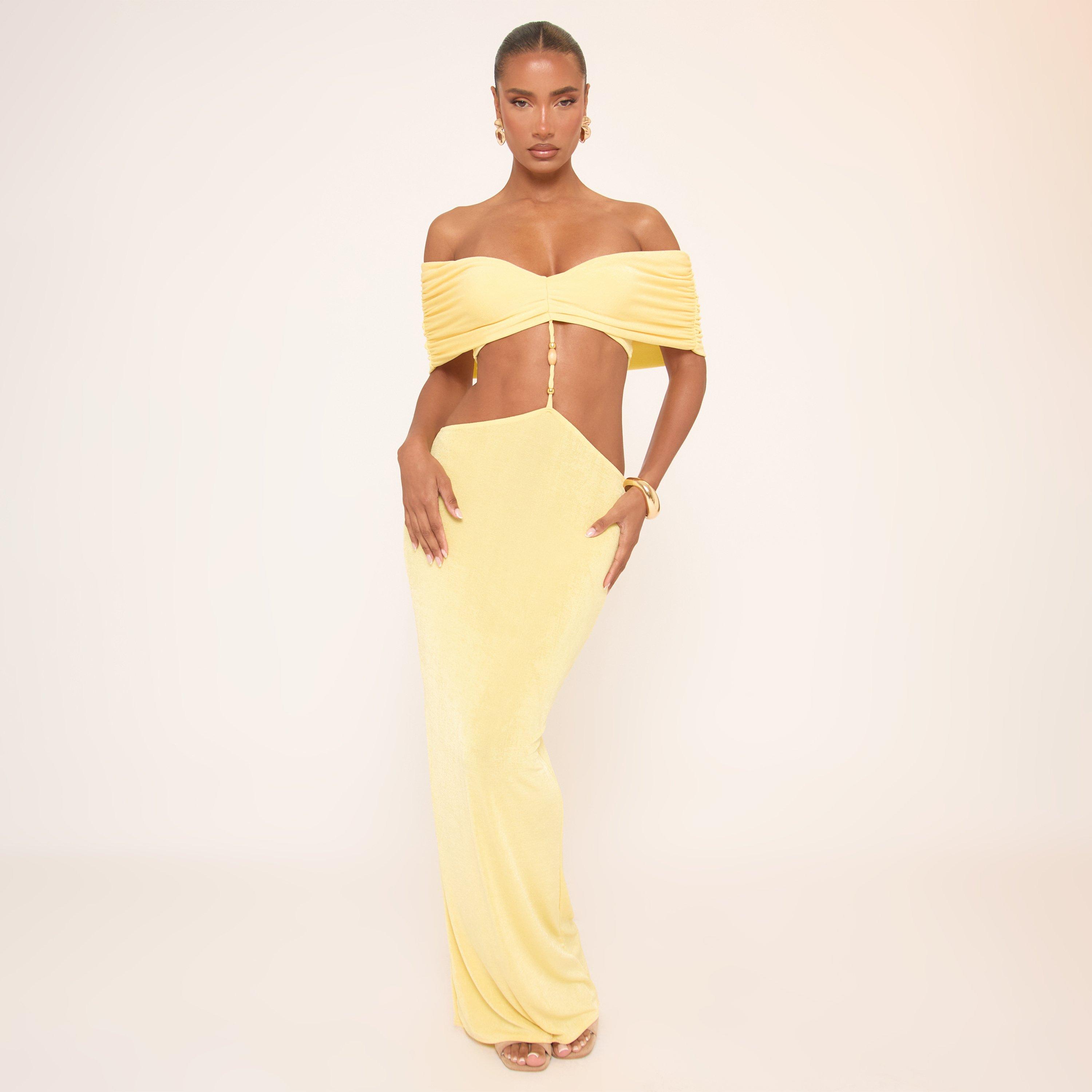 Bardot Beaded Trim Detail Cut Out Maxi Dress In Yellow, Women's Size UK 16