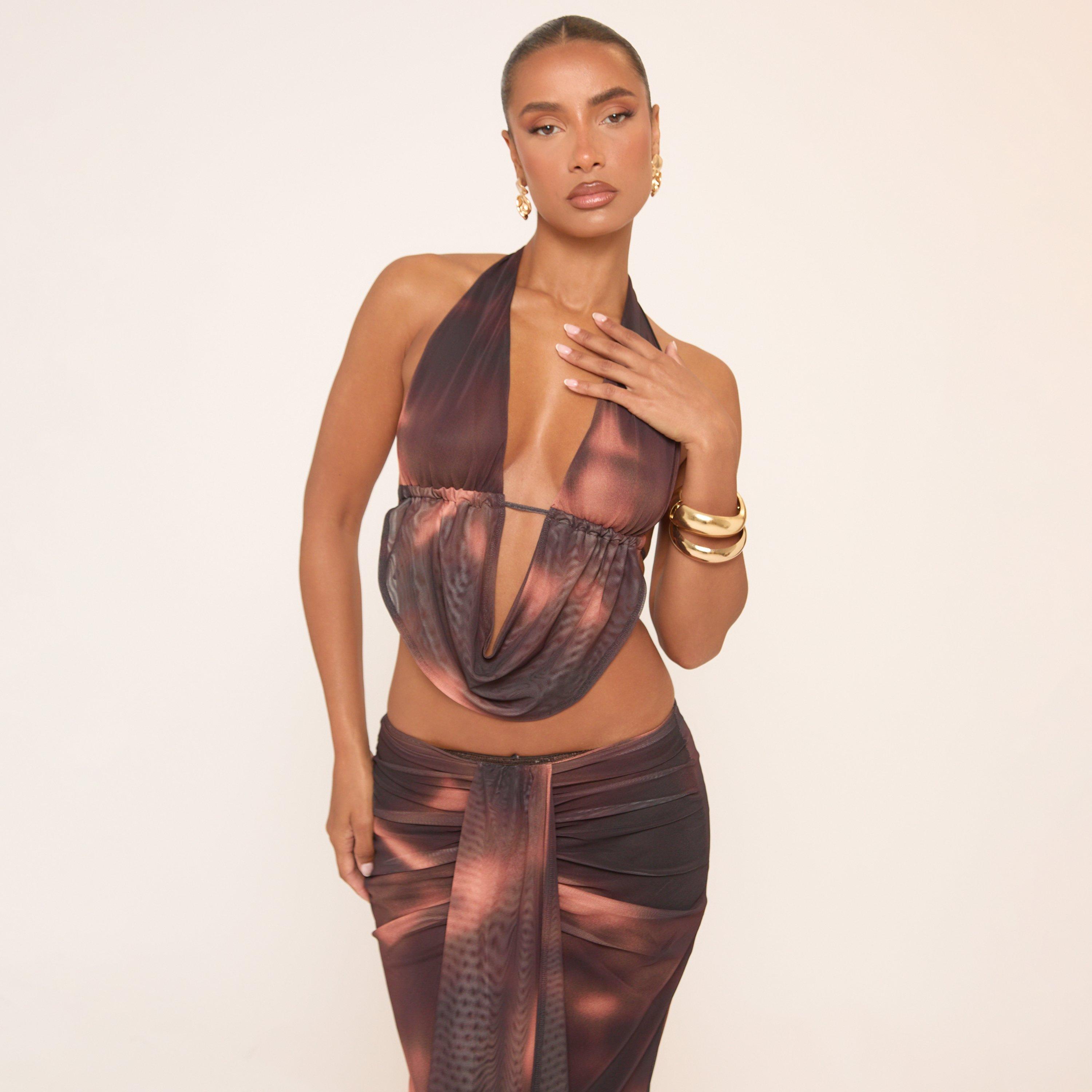 Image of Halterneck Cowl Front Top In Black Printed Mesh, Women's