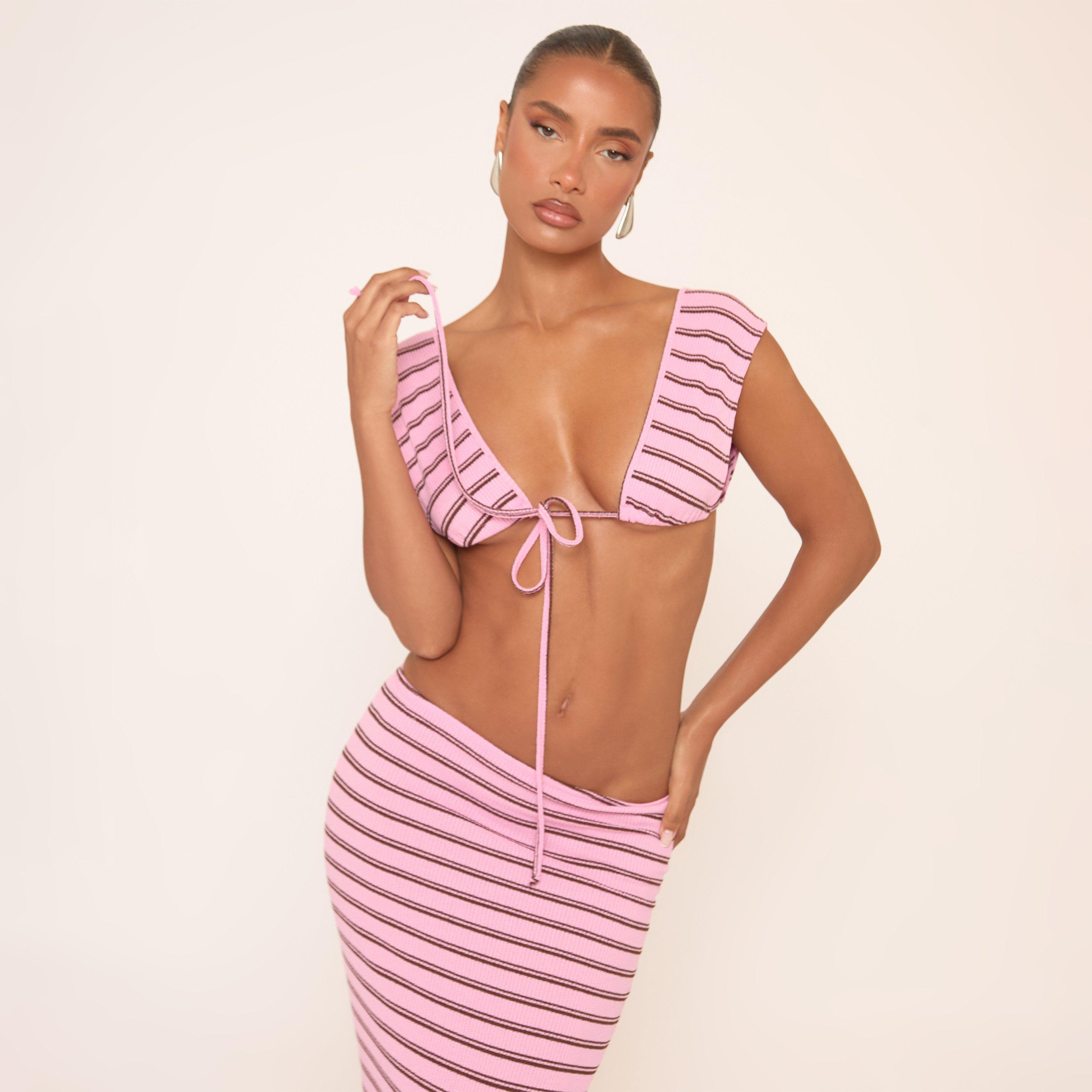 Image of Sleeveless Tie Front Bralet Top In Pink And Brown Stripe, Women's