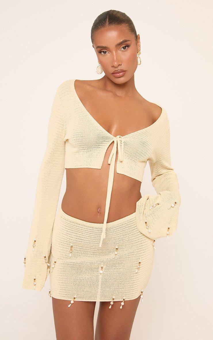 Long Sleeve Embellished Detail Tie Front Crop Top In Cream Crochet