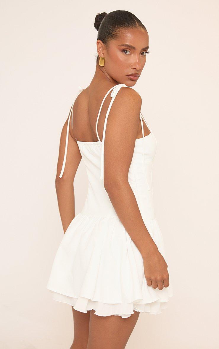 Strappy Tie Front Detail Layered Frill Mini Dress In White Strappy Tie Front Detail Layered Frill Mini Dress In White