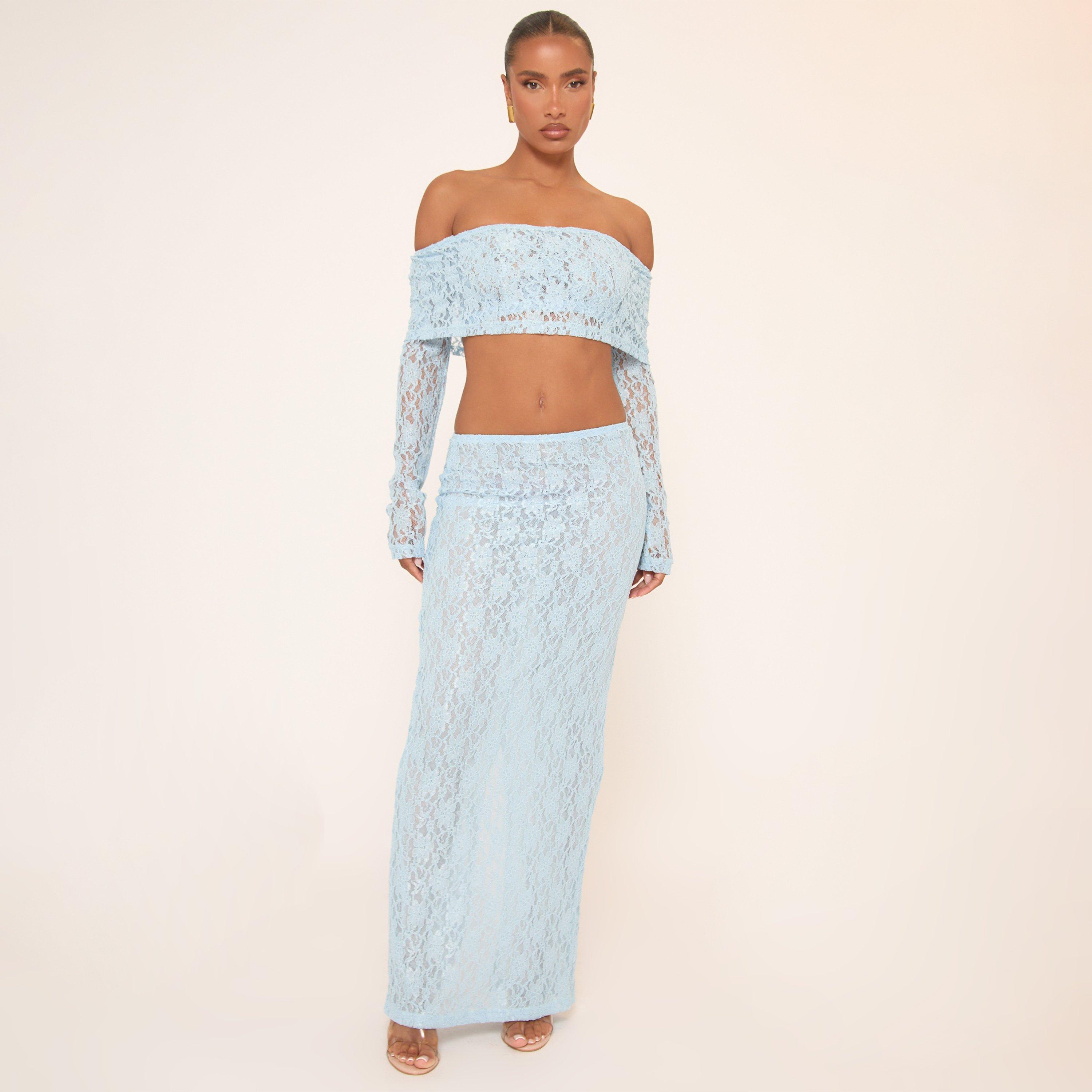 Low Rise Maxi Skirt In Blue Lace, Women’s