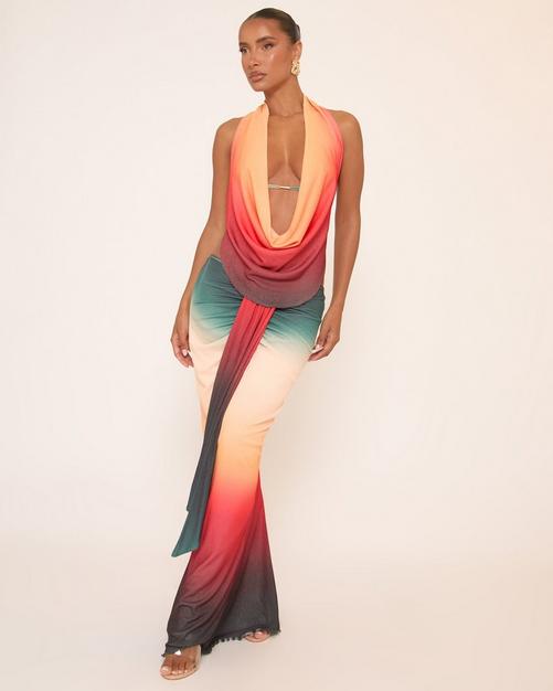 Low Waist Drape Front Detail Maxi Skirt In Multi Printed Mesh