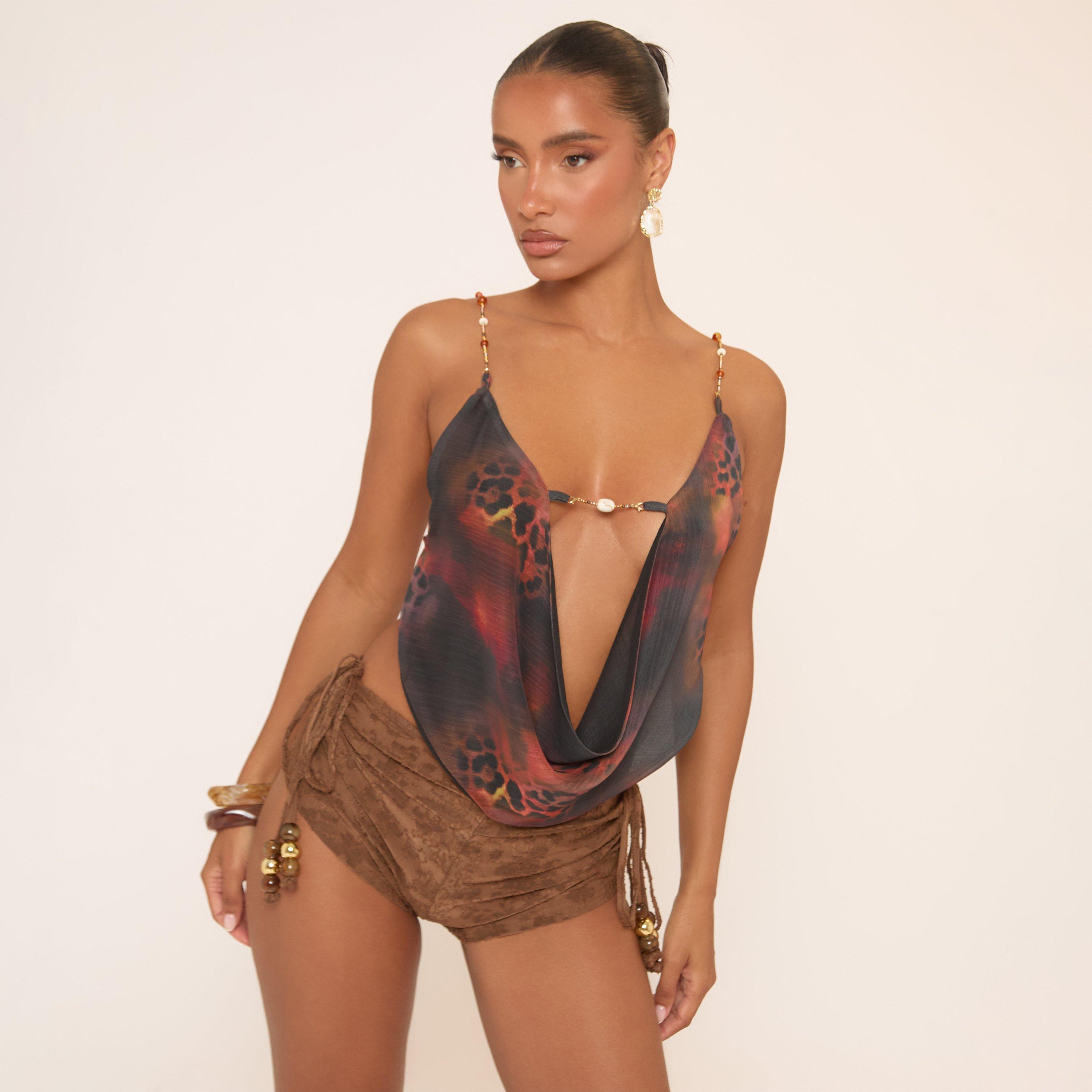 Image of Cowl Halterneck Beaded Strap Top In Multi Print Mesh, Women's