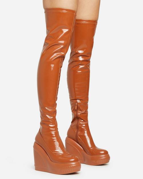 Brown thigh outlet high boots flat