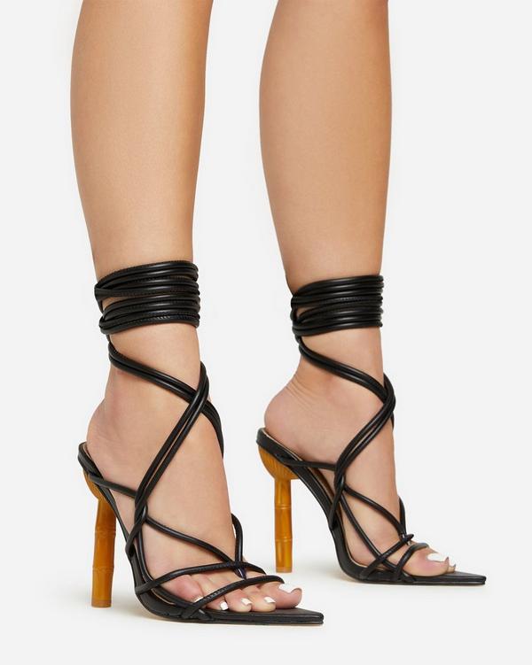 Briana Lace Up Strappy Pointed Toe Bamboo Heel In Black Faux Leather