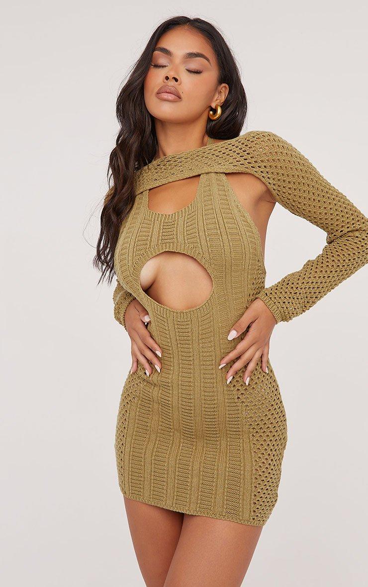 knee length dresses for ladies Khaki Applique Mesh Long Sleeve Bodycon Dress main image 0
