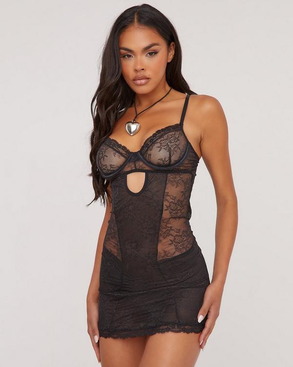 Strappy Underwired Cut Out Detail Mini Bodycon Dress In Black Lace