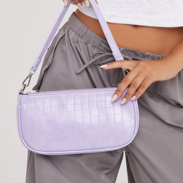 Purple rectangular mock croc purse