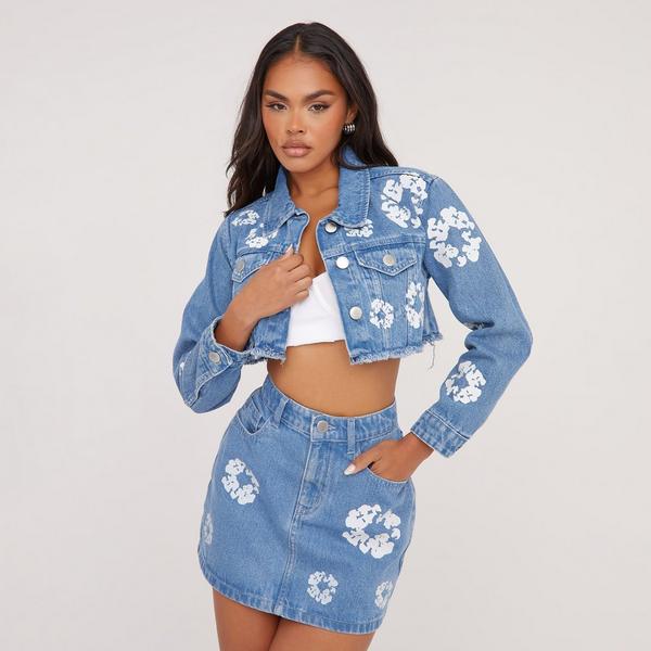 Flower Printed Detail Cropped Jacket In Blue Denim