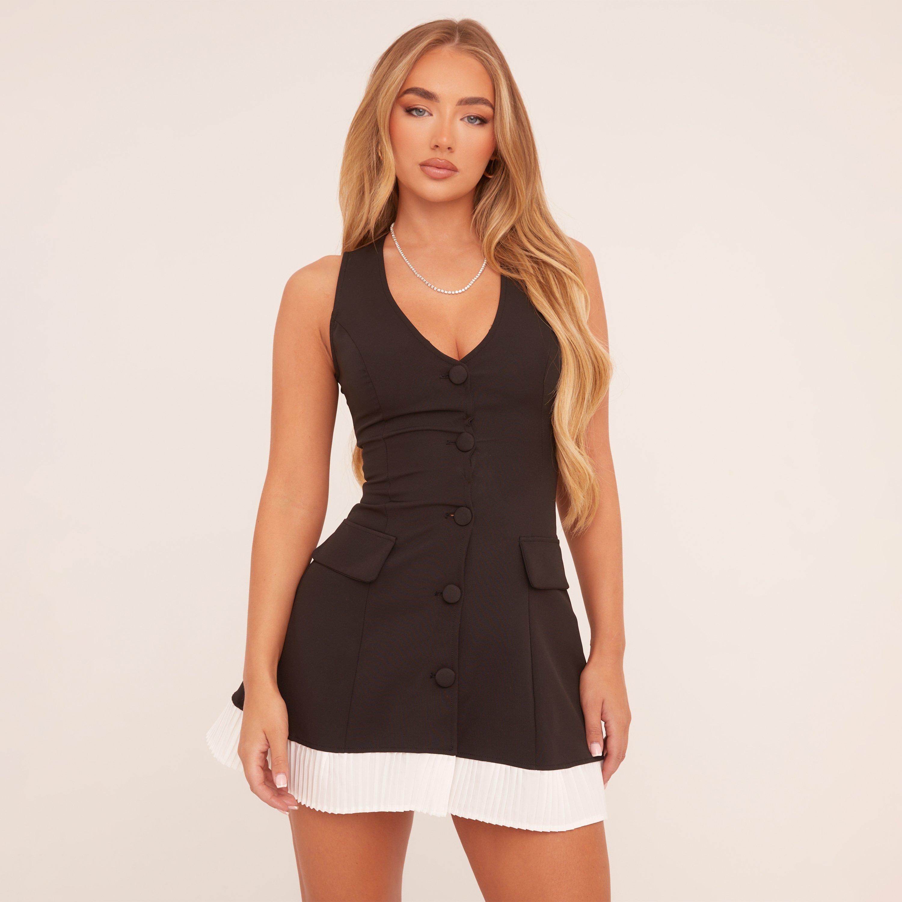 V Neck Button Front Contrast Hem Tailored Mini Dress In Black Woven, Women’s
