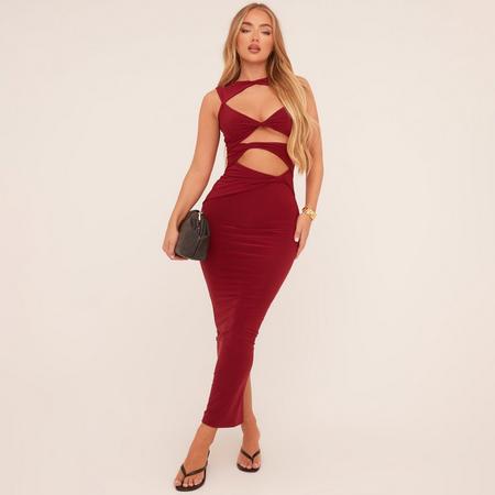 Sleeveless Cut Out Twist Front Detail Maxi Dress In Wine, Women's Size US